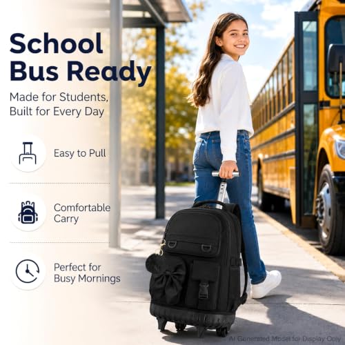 3Pcs Rolling Backpack for Girls Women, School Kids Roller Bookbag with Wheels, Wheeled Backpacks Set for Elementary (Black) - color: Bow Black