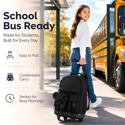 3Pcs Rolling Backpack for Girls Women, School Kids Roller Bookbag with Wheels, Wheeled Backpacks Set for Elementary (Black) - color: Bow Black