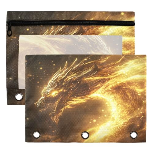 Dragon Golden Light Binder Pouches 3 Ring for Boys Girls School Office College Supplies Dinosaur Monster Dino Pencil Pouches Case Bag with Clear Window and Zipper 2 Pack - color: Dragon