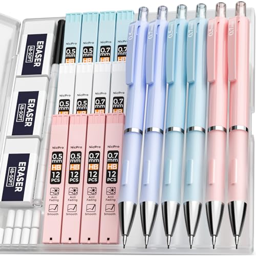 Nicpro 6PCS Pastel Mechanical Pencil Set with Case, 0.5 & 0.7 mm Cute Pencils with 12 tubes HB Lead Refills, 3 Erasers, Eraser Refills For School Supplies Student Writing, Drafting Drawing Sketching - style: 6 Pack (0.5mm+0.7mm)