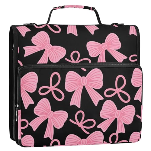 Pink Bow Black Zipper Binder Bag 3 Ring Binder with Shoulder Strap Zip Up 500 Sheets Capacity Multi Pockets for School Office Supplies - color: Multi470, size: Fit 500 Sheets