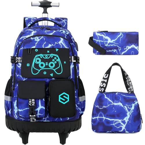 Scothen Rolling Backpack for Boys, Cool Luminous Gamer Roller School Backpacks for Boys with Lunch Bag and Pencil Pouch, Kids Backpack Bookbag with Wheels for Kindergarten Elementary Middle School - color: Blue-lightning