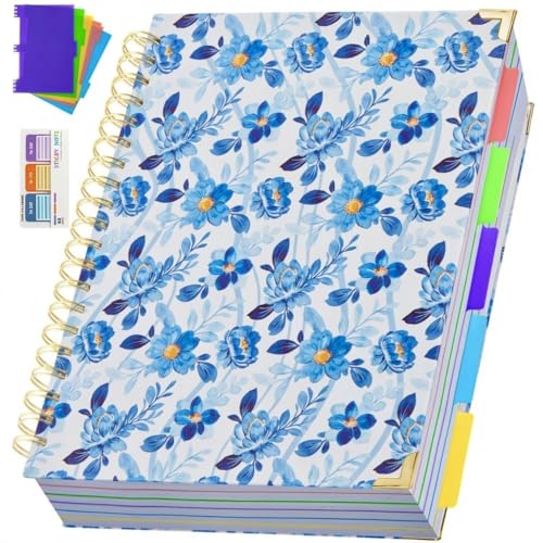 Hardcover Spiral Notebook 8.5" x 11" with Removable Dividers, 300 Pages 5 Subject College Ruled Notebook for Work with Tabs, A4 Spiral Journal for Women Men, School Students Note Taking, Blue Floral - color: 5 Subject Blue-fl