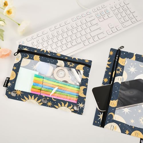 SUABO Sun Moon and Star Pencil Pouch for 3 Ring Binder, 2 PCS Binder Pencil Pouch with Zipper, Clear Window Zipper Pencil Case Pencil Bags for Office Supplies - color: Sun Moon