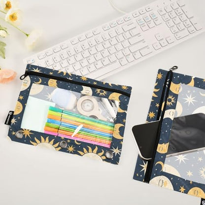 SUABO Sun Moon and Star Pencil Pouch for 3 Ring Binder, 2 PCS Binder Pencil Pouch with Zipper, Clear Window Zipper Pencil Case Pencil Bags for Office Supplies - color: Sun Moon