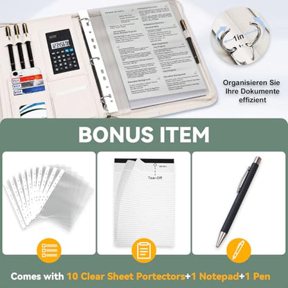Leathario Portfolio Binder, Includes 5 Sheet Protectors and a Pen, 13 Inch Tablets Organizer, Vegan Leather A4 Padfolio, Multi-Pocket Notepad Business Planner Professional Document - color: Relief White