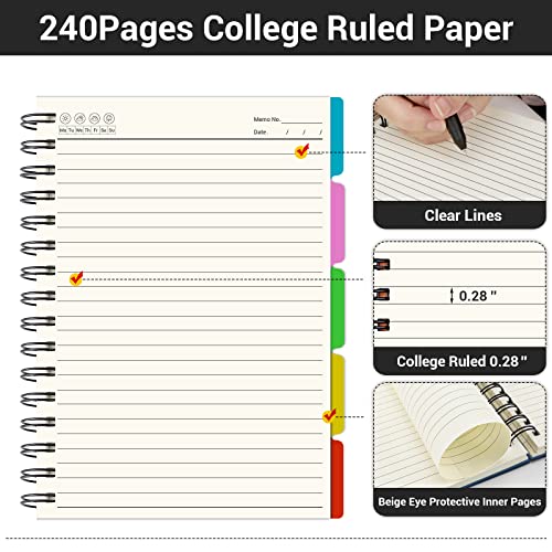 EUSOAR Spiral Notebook Hardcover, 3pcs B5 7.3"x10.2" 5 Subject College Ruled Writing Pad, 100GSM 120Sheets/ 240Pages of Lined Paper, for School, Home Supplies, Office and Business, Royal Blue - color: Royal Blue, size: B5-3Pack
