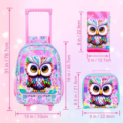 HPJGD 3PCS Owl Rolling Backpack for Girls, Kids School Backpacks with Wheels, Water Resistant UV Printed Roller Wheeled Bookbag Set - color: Glittering UV Priting Owl Pink Rolling Backpack