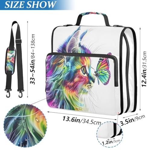 JIPONI Zipper Binder Bag with Handle, Cat Rainbow Butterfly 2 in 3-Ring Binder Organizer with Shoulder Strap, 500 Sheets Large Capacity for School Office