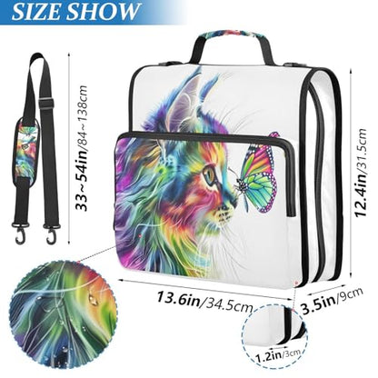 JIPONI Zipper Binder Bag with Handle, Cat Rainbow Butterfly 2 in 3-Ring Binder Organizer with Shoulder Strap, 500 Sheets Large Capacity for School Office