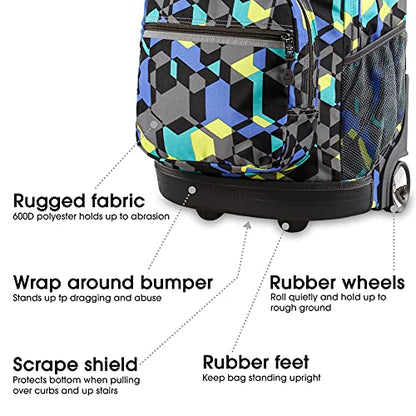 J World Sunrise Kids Rolling Backpack with Wheels for Girls Boys, Roller Bookbag for School, 18 x 13 x 9 Inches, Cubes - color: Cubes