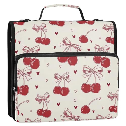 3 Ring Zipper Binder with Shoulder Strap Red Bow Cherry Love 2 Inch Zippered Binder Bag 500 Sheet Capacity Multi Pockets for School Supplies - color: Multi40