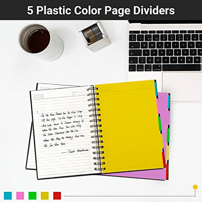 EUSOAR Hardcover Spiral Notebook, 6 Pack A5 5.5"x 8.3", 5 Subject Notebook, 120 Sheets/ 240 Pages, Premium Thick 100gsm, Large Journal Notebooks with Dividers for School Office Note Taking Gift - color: Black, size: A5-6Pack
