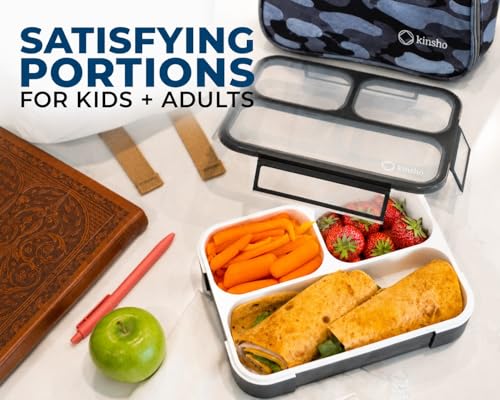 kinsho Camo Lunch Boxes for Boys Teens Adults - Bento Box Set with Insulated Bag and Ice Pack, 3 Compartment Leak Proof Food Container, BPA-Free, Microwave Safe, Ideal for School & Work, Black Gray - color: Black with Camo Bag