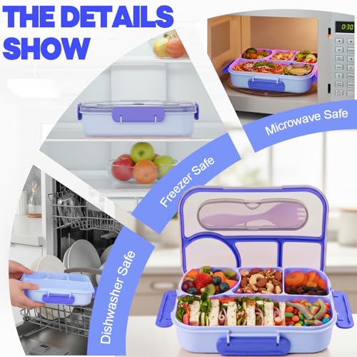 Bento Box for Adults,4 Compartments Lunch Box, Snack Containers Reusable Lunch Containers Drop-Proof, Dishwasher Safe & Made with BPA-Free Materials, Blue - color: Blue