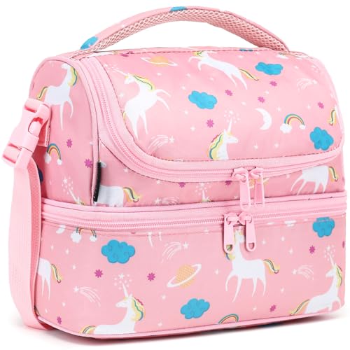 FlowFly Kids Double Decker Cooler Insulated Lunch Bag Large Tote for Boys, Girls, Men, Women, With Adjustable Strap, Unicorn - color: Unicorn
