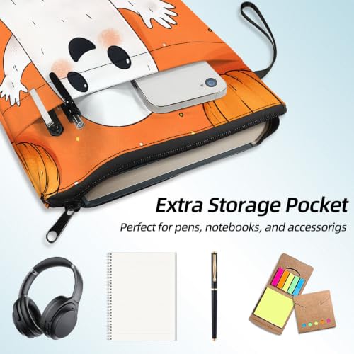 Padded Book Sleeve with Zipper & Front Pocket, Fabric Book Cover | Cute Halloween Ghost Pumpkin11.4"x8.7" Washable Canvas Pouch for Hardcovers, Tablets & Reading Accessories - color: Cute Halloween Ghost Pumpkin