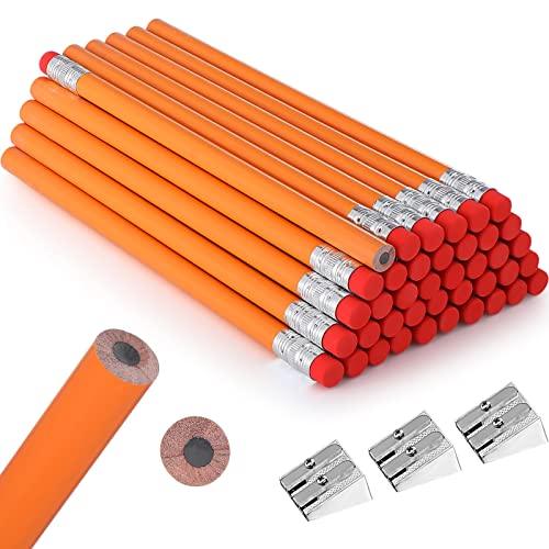 Fainne 48 Pcs Fat Pencils Jumbo Big Thick Large Pencils and 3 Pieces Sharpeners for Kids Beginners Preschoolers Kindergarten School Office Supplies(Orange+Silver,Round) - color: Orange+Silver, style: Round