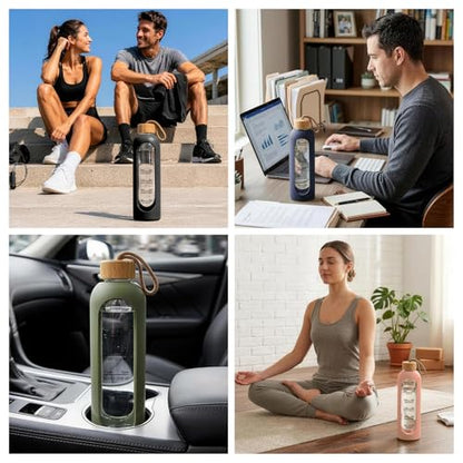 32 OZ Glass Water Bottles, Borosilicate Glass Bottle with Time Marker, 1 Liter Leak Proof Reusable BPA Free Motivational Water Bottles with Silicone Sleeve and Bamboo Lid (Green) - color: Green