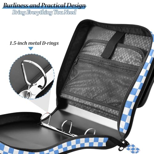 Light Blue White Checkered Binder Bag 3 Ring Zipper Binders with Shoulder Strap for School Office Organizer Storage - color: Q017