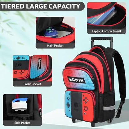 Kids Rolling Backpack for Boys - 3PCS Gamer Boys Rolling Backpack with Lunch Bag Set,Multifunctional Wheeled Bookbag for Travel,Roller School Bag for Elementary Middle School Aged 6-18