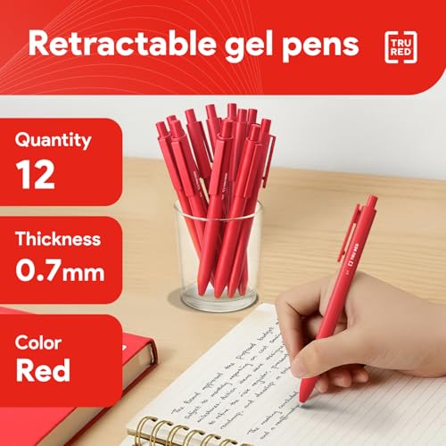 TRU RED Retractable Gel Pens, Medium Point 0.7mm, Red Ink, 12 Pack – Quick‑Dry Pens for Grading, Editing & Mark‑Up - color: Red, size: 12 Pack, style: Medium Point