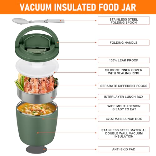 wiwens 40oz Insulated Lunch Containers for Adults Soup Thermo for Hot Food | Leak Proof Wide Mouth Vacuum Stainless Steel Thermal Jar Bento Box with Buckle Lid and Spoon - color: Green