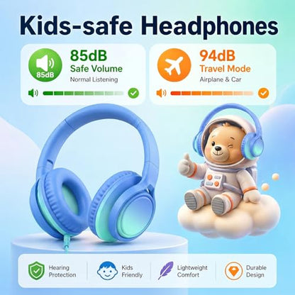 Kids Wired Over-Ear Headphones with Microphone, 3.5mm Jack with USB-C Adapter, Comfortable Headset for Online Learning, School, Tablet, Phone – Gradient Blue & Teal - color: Sky Blue