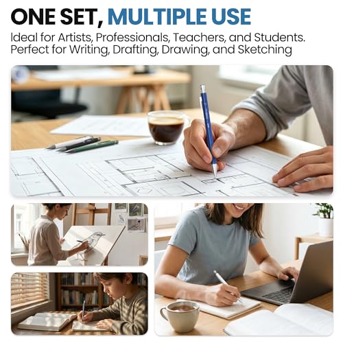 WUO 0.5mm Mechanical Pencil Set with Case, 4PCS Metal Mechanical Pencils with Eraser Pen, 480 HB Lead Refills, 3 Erasers, 11 Eraser Refills, Artist Drafting Pencils for Writing, Drawing, Sketching