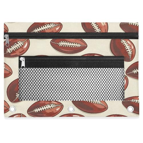 Sports Football Pencil Pouch for 3 Ring Binder Soccer Rugby Balls Pencil Case Bag with Clear Window Zipper Pockets for Kids Girls Boys Students School College Supplies 2 Pack - color: Brown Beige