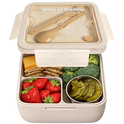 GreenLunch Bento Lunch Box for Kids, Large 2-Compartment, Durable and Microwave Safe, BPA-Free with Utensils, Wheat Straw Snack Containers for Kids – Beige - color: Natural