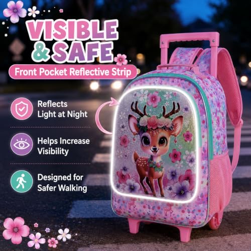 KLFVB Girls Rolling Bookbag, 3PCS Kids Roller Backpack with Lunch Bag, Wheeled School Bag for Children - Deer - color: Uv Printing Peach-blossom Deer Rolling Backpack