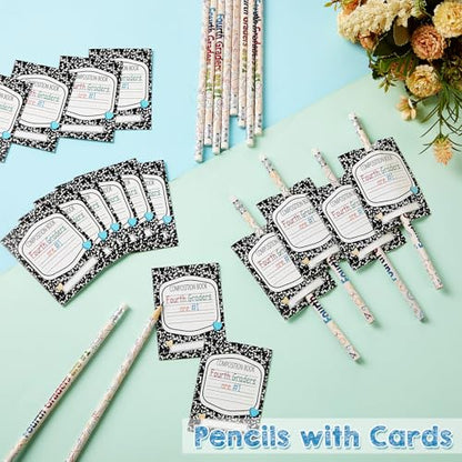 Tenceur 24 Set/48 Pcs Back to School 4th Graders Pencils and Cards Set, Fourth Grade Motivational Wooden Pencil with Erasers, Composition Book Greeting Note for Student Classroom Reward Gift - style: 4th Graders