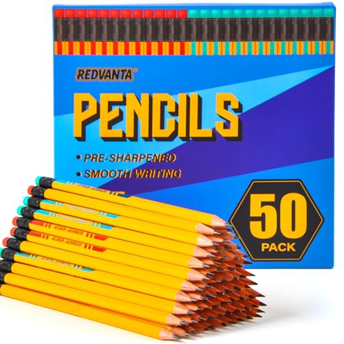#2 HB Pencils, 50 Count Pre-Sharpened Yellow Wood Pencils Bulk Pack with Erasers, Break Resistant Lead, Smooth Writing for School, Classroom, Teacher & Office Supplies