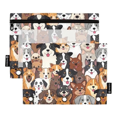 Pencil Pouch for 3 Ring Binder, Cute Dogs Pattern Large Pencil Case Clear Window Pen Bag, Zipper Binder Pouch Accessories for Office School Supplies, 2 Pack - color: A019, size: 9.84 x 7.08 x 0.19 in