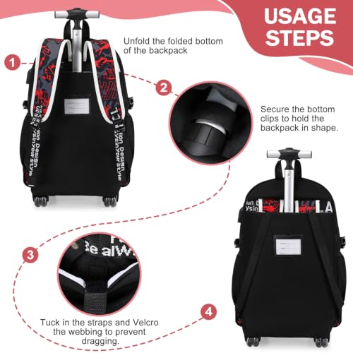 Bevalsa Rolling Backpack for Boys, Roller Backpack with Wheels, Wheeled School Bag with Sling Bag, Lunch Box & Pen Case for Kids Children Teens Elementary Middle Student Glow In The Dark - color: Red