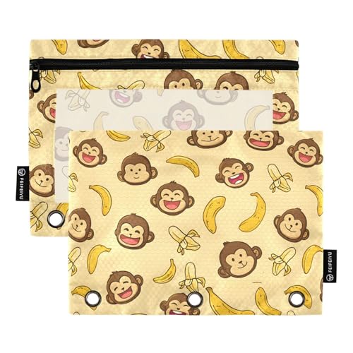 2 Pack Pencil Pouch for 3 Ring Binder Cute Monkey Banana Pencil Case Pouch with Clear Window Zipper Binder Pencil Pouches Pen Bag for Office School Supplies - color: Cute Monkey Banana