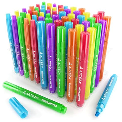 ARTEZA Highlighters, Bulk Set of 60 Neon Colors with Broad & Narrow Chisel Tips, Quick-Dry Smear-Resistant Ink for Office, Journaling, Planning & Notes