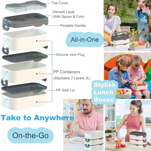 Bento Box Adult Lunch Box, Stackable 3 Layers Large Capacity Lunch Containers, Microwave and Dishwasher Safe Food Grade Containers with Utensils, Dividers and Sauce Boxes for Men, Women, Kids - color: White-Black