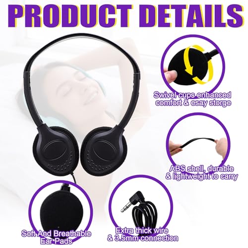 Yunsailing 30 Pack Over Ear Wired Headphones Bulk for School Classroom Student, Adjustable Headband with 3.5mm Jack, Lightweight Design Earphones for Classroom Learning and Testing (Black) - color: Black