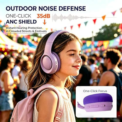 Active Noise Cancelling Headphones for Girls, 72H Play Time, Safe Volume 94dB, Bluetooth 6.0, Hybrid ANC Kids Headphones Wireless for School/Travel/Airplane (Purple) - color: Purple 03