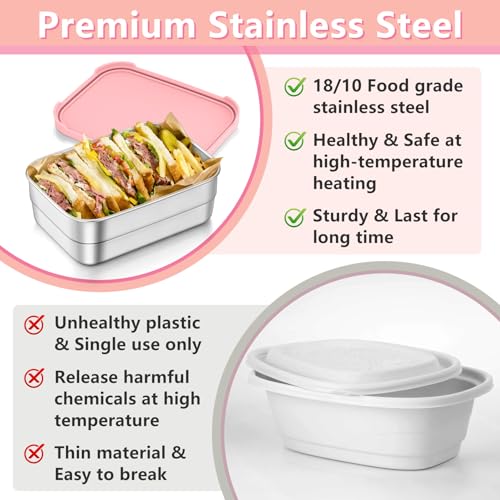 TeamFar Stainless Steel Lunch Box, Food Snack Storage Bento Containers with Silicone Lids for Kids Adults to School Work, Kids Friendly & Dishwasher Safe, Leak-Proof & Easy Open, 25OZ + 8OZ*2 (Pink) - color: Pink