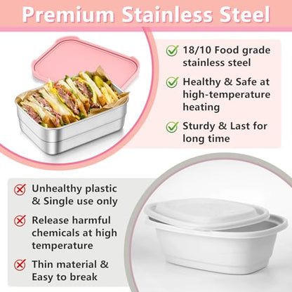 TeamFar Stainless Steel Lunch Box, Food Snack Storage Bento Containers with Silicone Lids for Kids Adults to School Work, Kids Friendly & Dishwasher Safe, Leak-Proof & Easy Open, 25OZ + 8OZ*2 (Pink) - color: Pink