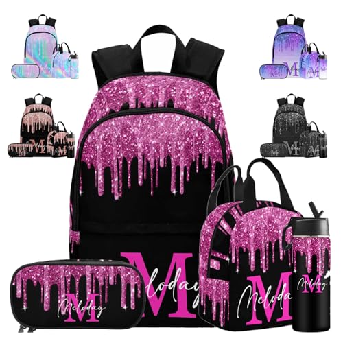 Personalized School Backpack for Daughter from Mom, Custom Deep Pink Sparkle Drip Initial Casual Daypacks Lunch Tote Bag Customized Travel Book Bag with Name Knapsack Schoolbag for Teens Boys Girls - color: Multi 03