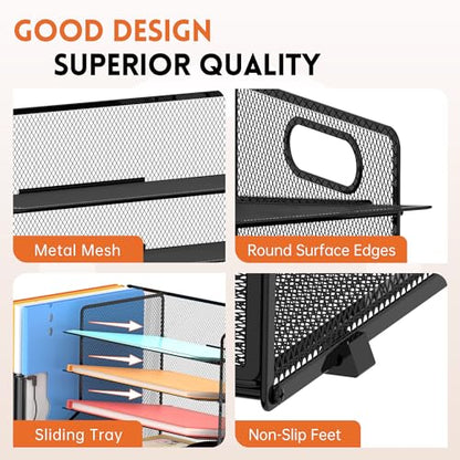 5-Tier Desk Organizer with File Holder & Pen Holder & Sliding Drawer, Black | Mesh Metal Paper Letter Tray for Papers, Mail, Office Supplies, and Desk Accessories - color: Black