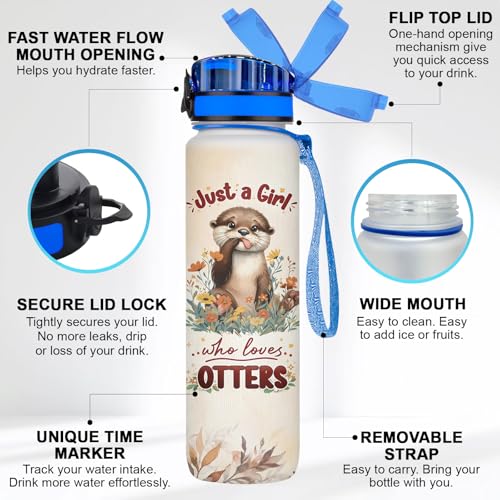 34HD Otter Water Bottle with Time Marker & Straw 32oz, Just a Girl Who Loves Otters, Cute River Otters Wildlife Design, Birthday Gift for Otter Lovers Women Girl - color: Brown otter