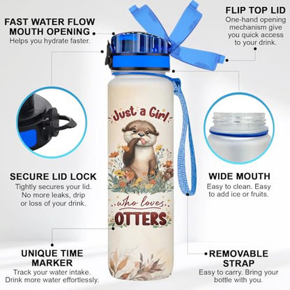 34HD Otter Water Bottle with Time Marker & Straw 32oz, Just a Girl Who Loves Otters, Cute River Otters Wildlife Design, Birthday Gift for Otter Lovers Women Girl - color: Brown otter