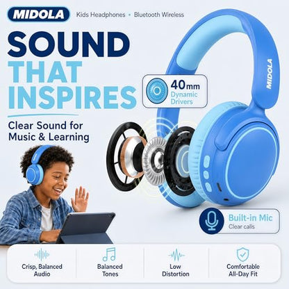 MIDOLA Kids Wireless Headphones Active Noise Cancelling Lightweight Bluetooth Headphone for Kid,Volume Limited 85/94dB Foldable Over-Ear Headset with Mic,68 Hours Playtime,for Toddler Child Blue - color: Blue