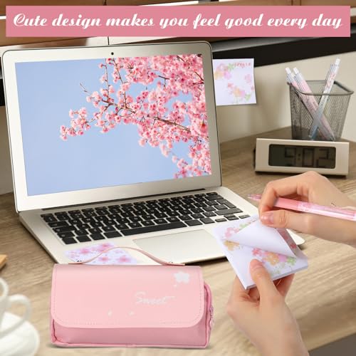 Crtiin 74 Pcs Kawaii Cherry Blossom Stationery Set Japanese Kawaii Pencil Bag Mechanical Pencil Cherry Erasers Pencil Refill and Stickers for Office Party Favors(Pink)
