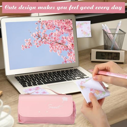Crtiin 74 Pcs Kawaii Cherry Blossom Stationery Set Japanese Kawaii Pencil Bag Mechanical Pencil Cherry Erasers Pencil Refill and Stickers for Office Party Favors(Pink)